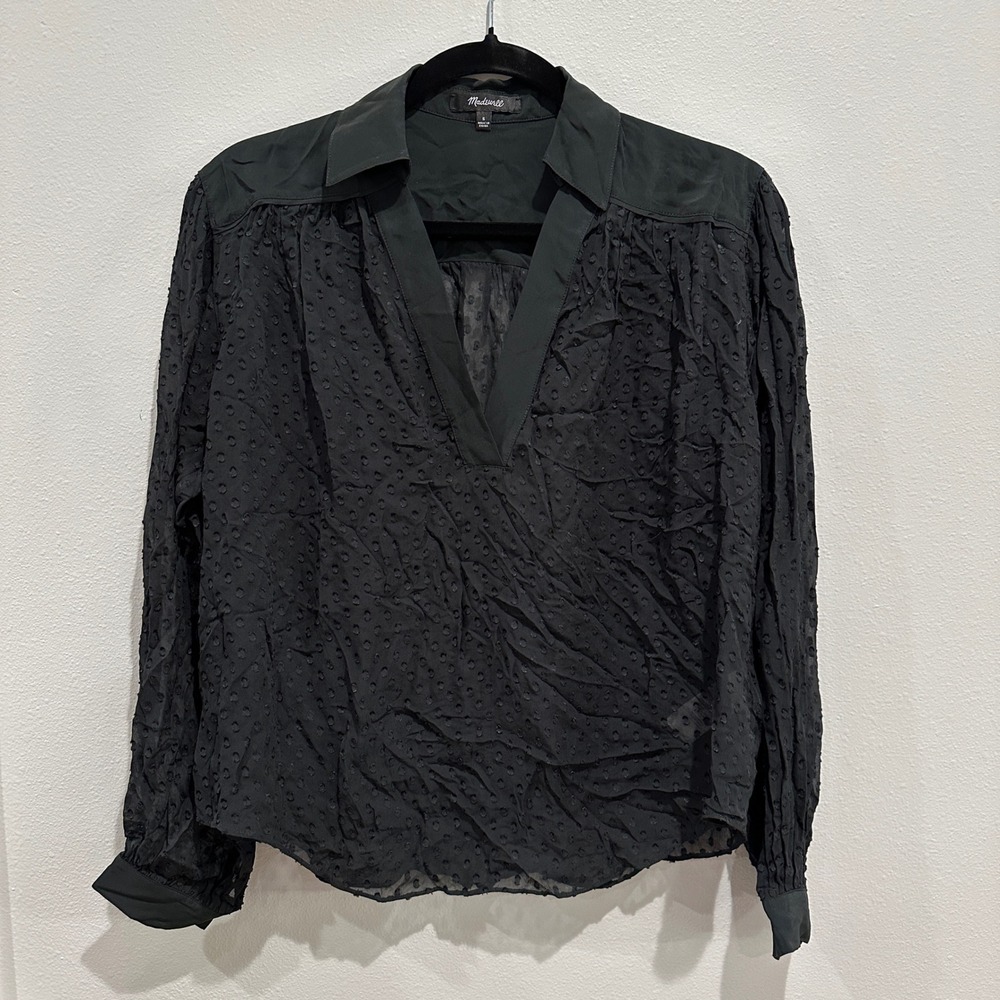 Madewell Women's Black Collared V-Neck Sheer Polka Dot Blouse Size S